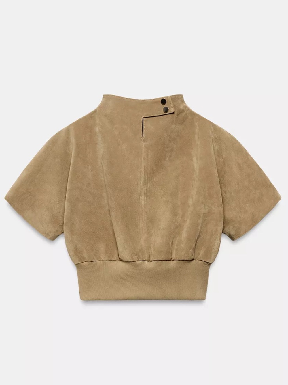 Zara Suede Leather Top High Neck Short Sleeves Snap Button Closure Beige Medium - Picture 6 of 16